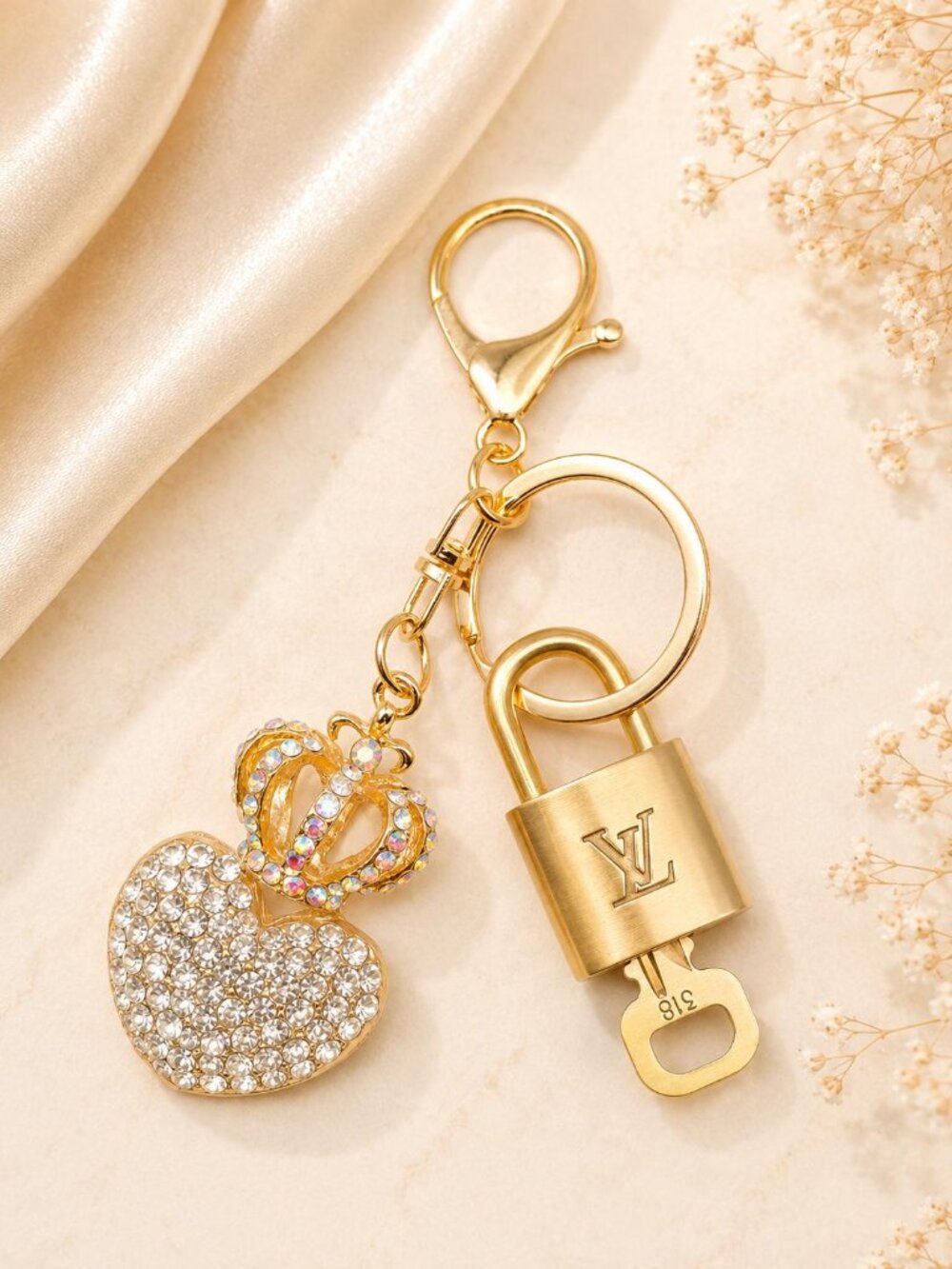 LV Gold Padlock 🔑 Unbranded Crystal Crown Heart Keychain